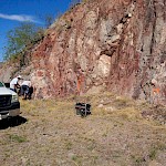 Sampling Mexican Hat’s gold-bearing hematite mineralization, east side of hill